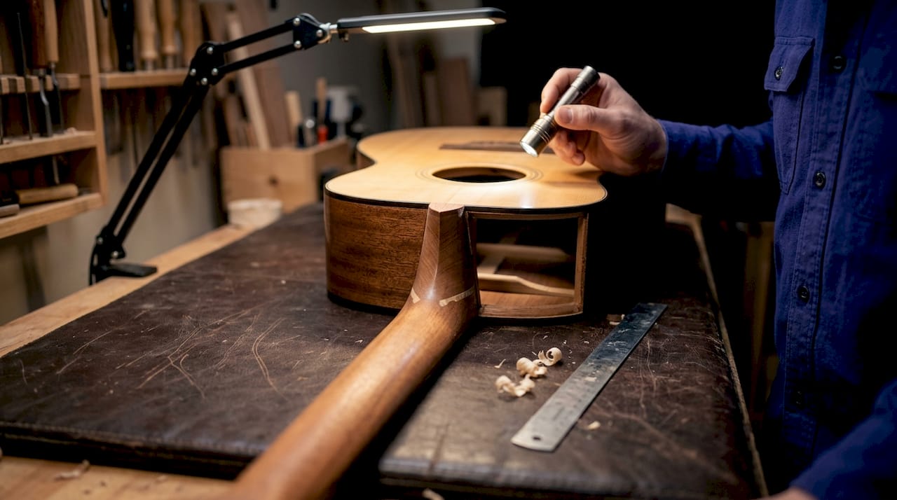 Guitar neck joint and bracing close-up