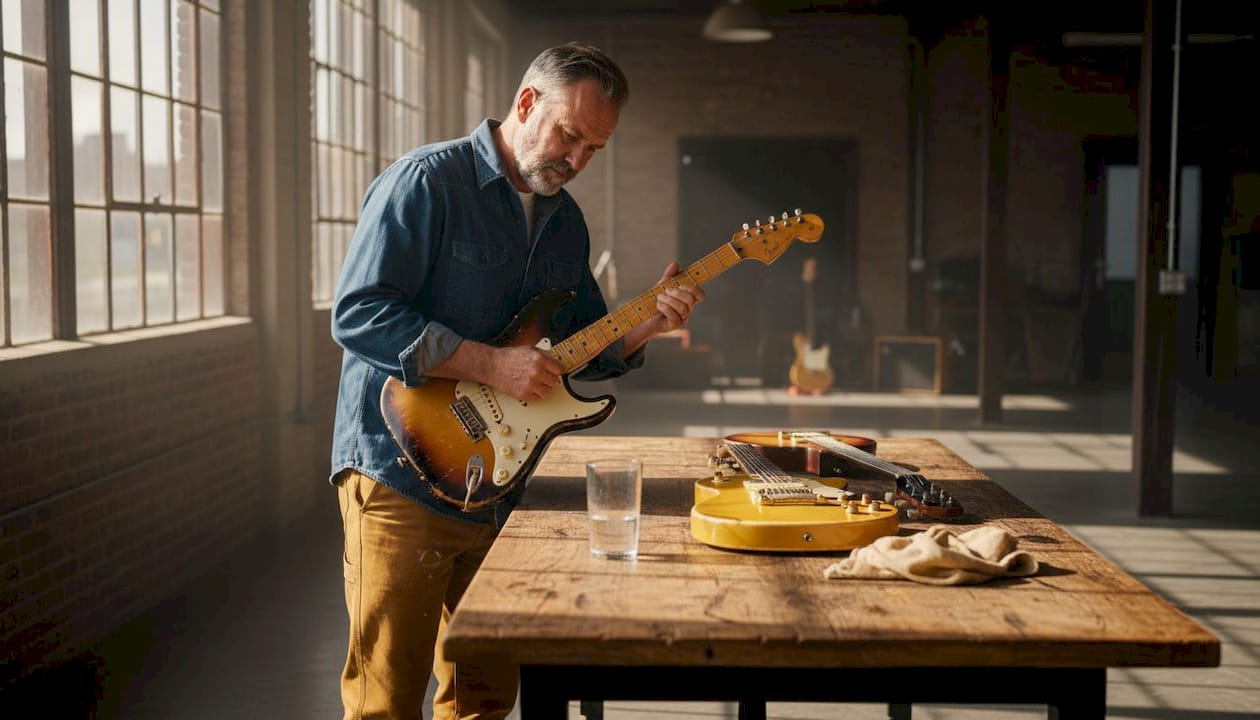 In einem hellen Loft begutachtet ein Sammler sorgfältig mehrere alte Fender Stratocaster-Gitarren.