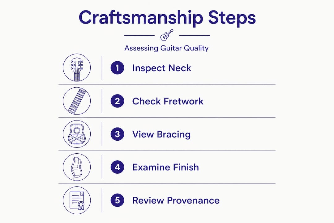Infographic showing steps to assess guitar craftsmanship