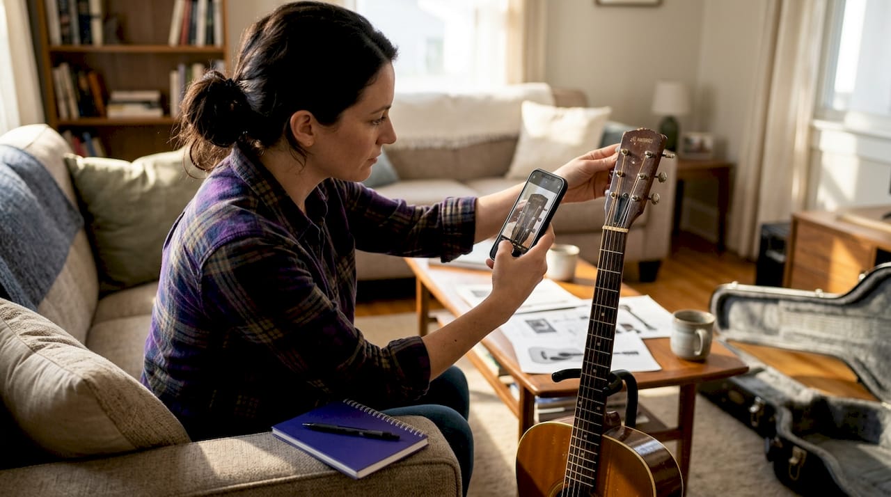 Woman photographing guitar serial number for records