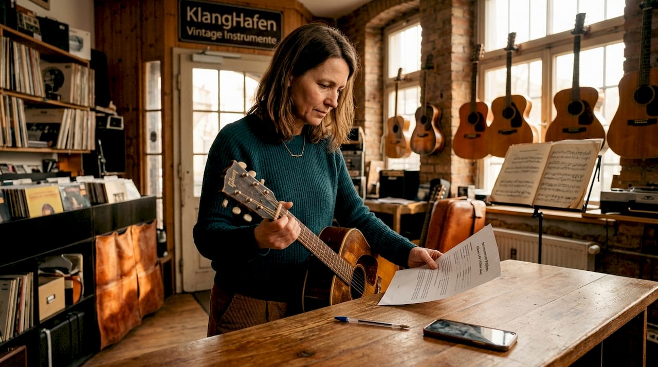 Eine Frau prüft im Geschäft, ob die Gitarre wirklich zum Zertifikat passt.