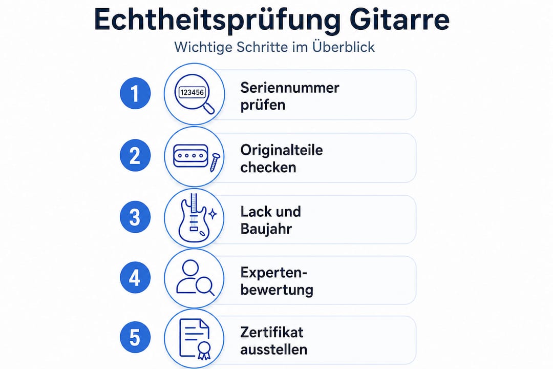 So erkennst du eine echte Gitarre – Die fünf wichtigsten Prüfschritte auf einen Blick (Infografik)