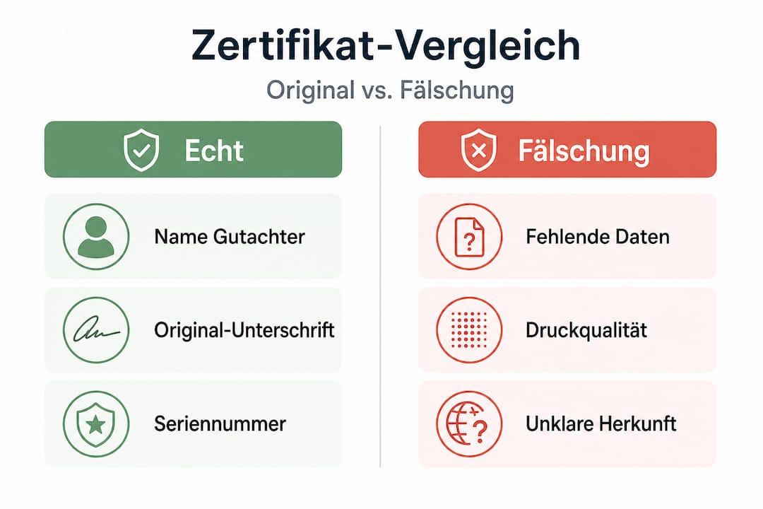 Infografik: Originalzertifikat oder Fälschung? Ein Direktvergleich.