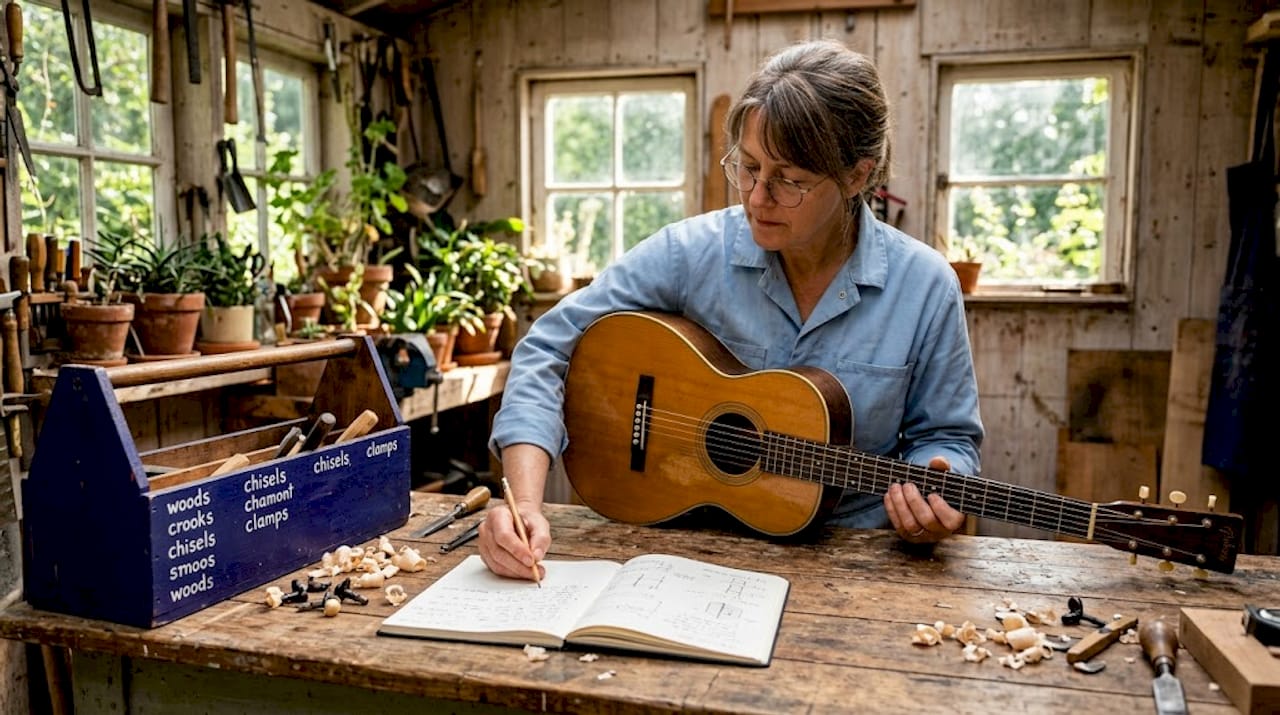 Luthier studying historic acoustic guitar for craftsmanship