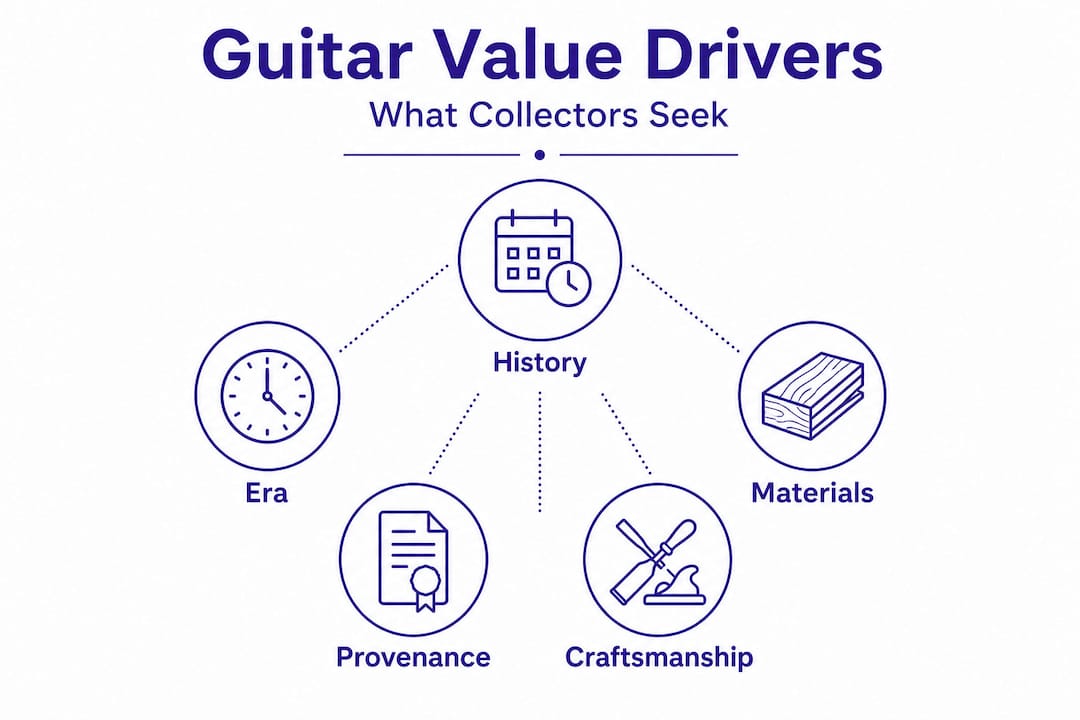 Infographic showing main vintage guitar value factors