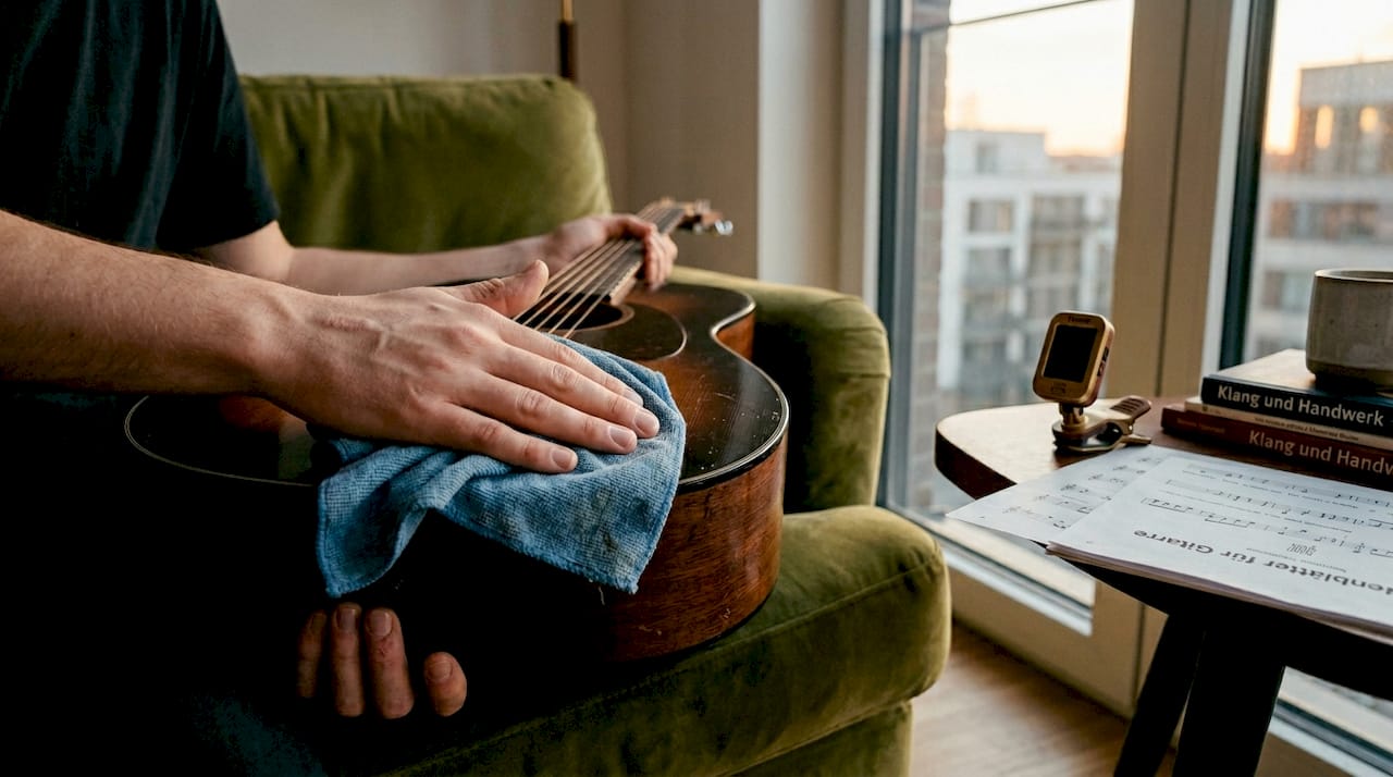 Behutsam werden die Saiten und der Korpus der Akustikgitarre auf dem Sofa gereinigt.