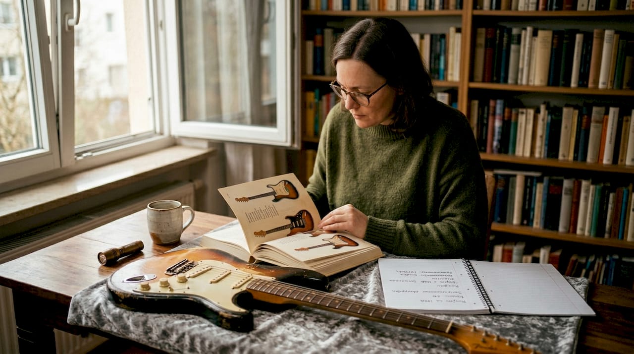 Eine Frau sitzt am Tisch und beschäftigt sich intensiv mit Gitarrenliteratur.