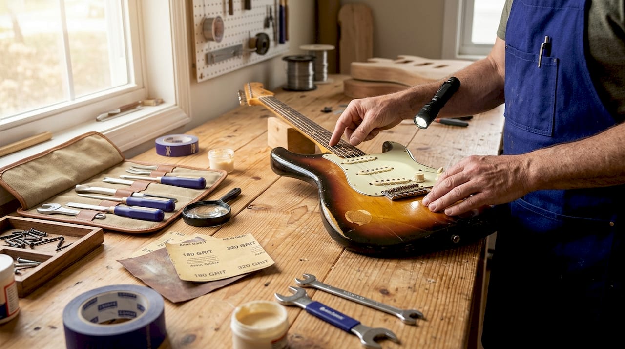 Hands inspecting vintage guitar body for wear