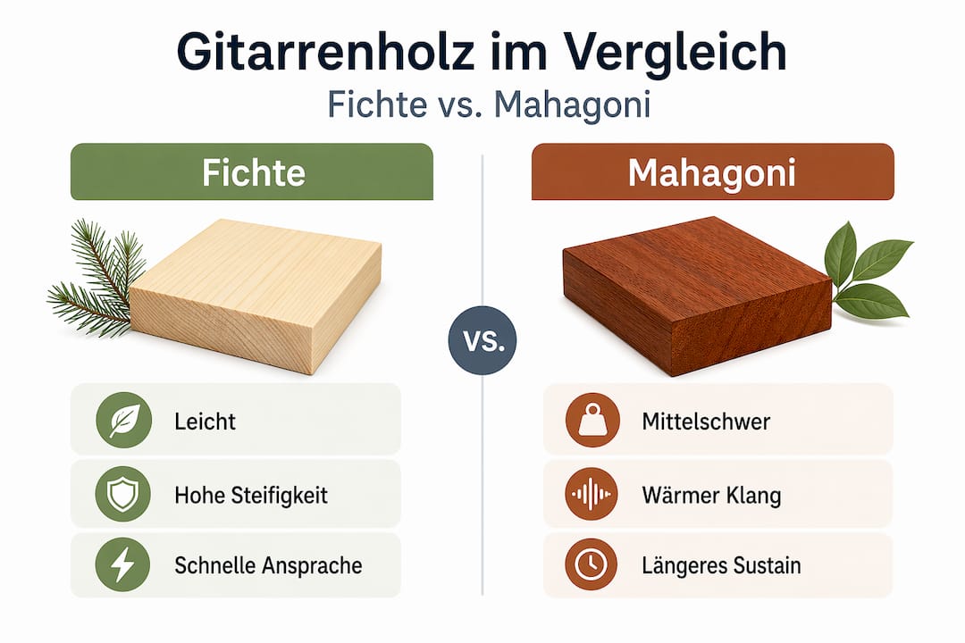 Vergleichende Infografik: Fichte vs. Mahagoni – Eigenschaften, Vorteile und Unterschiede auf einen Blick