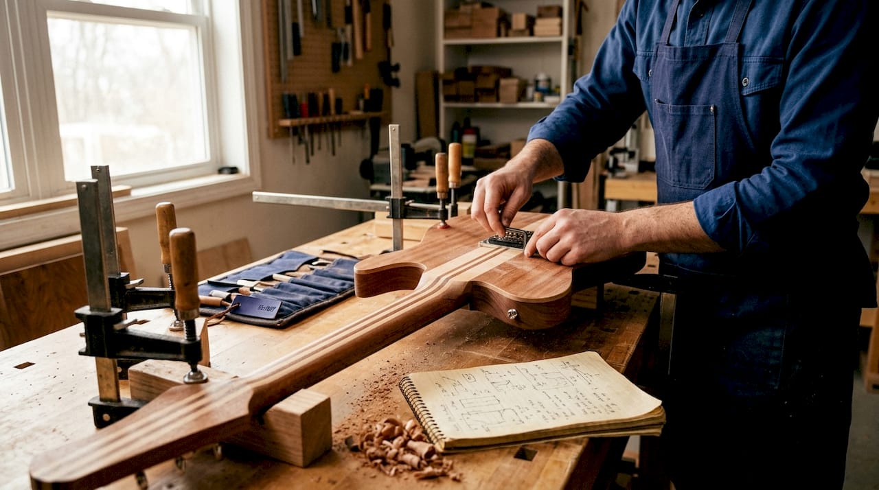 Electric guitar neck-through build on worktable
