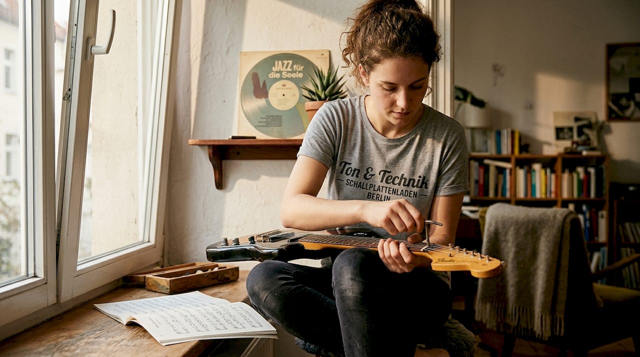 Eine Frau stellt den Gitarrenhals mit einem Truss-Rod-Schlüssel präzise ein.