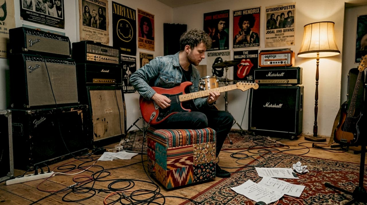Ein E-Gitarrist rockt im echten Proberaum mit seiner Band.