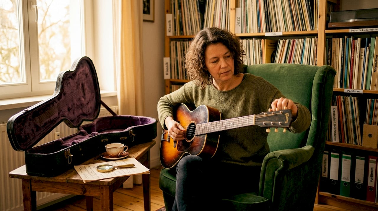 In einem gemütlich eingerichteten Zimmer sitzt eine Frau und stimmt ihre alte Gitarre.
