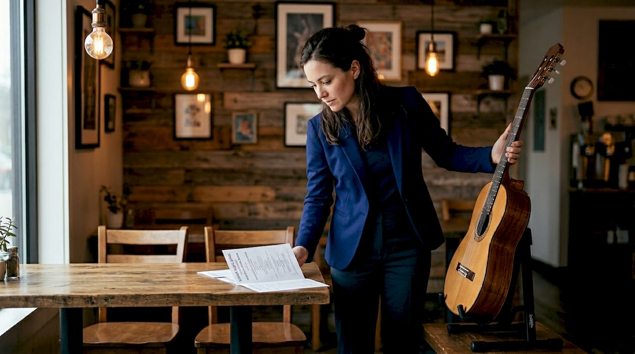 Performer setting guitar on recital stage backstage