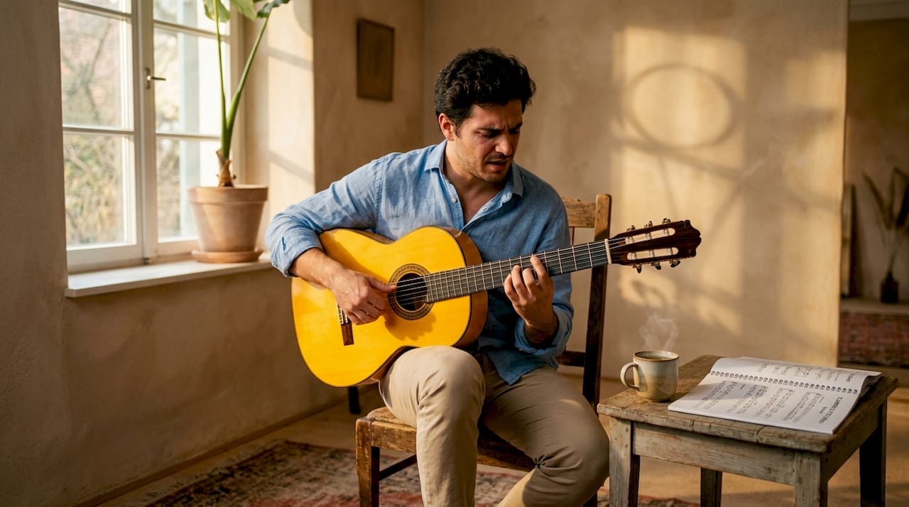 Ein Mann spielt in seinem Proberaum zu Hause Flamenco-Gitarre.