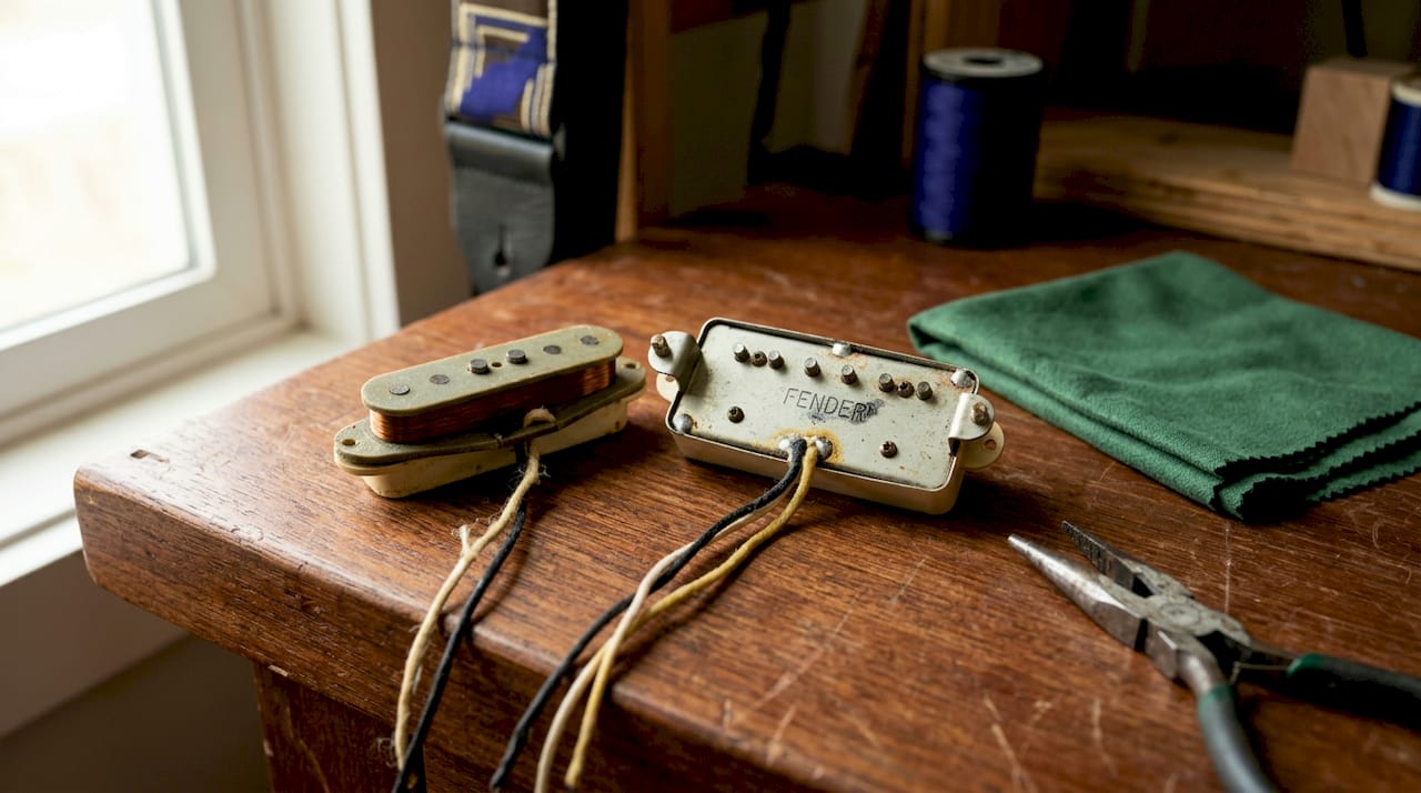 Closeup of vintage stratocaster pickups on table