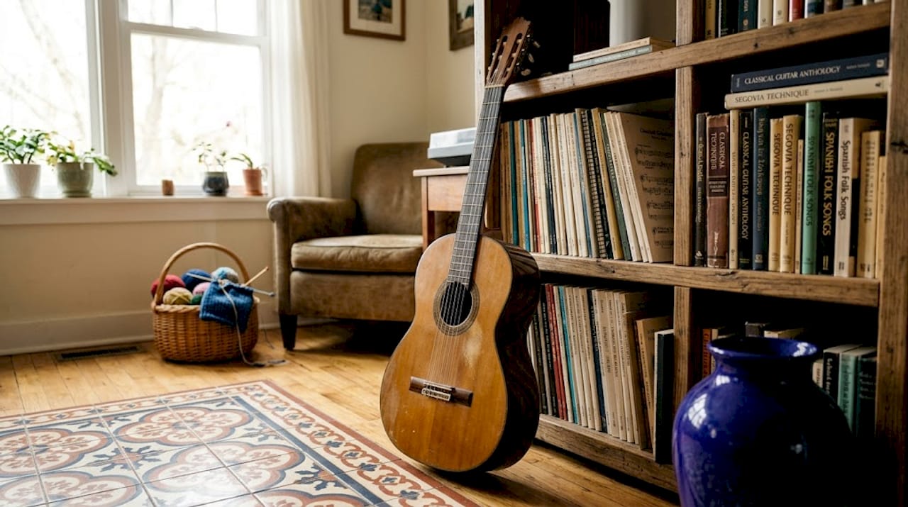 Classical guitar with fan bracing in cozy living room