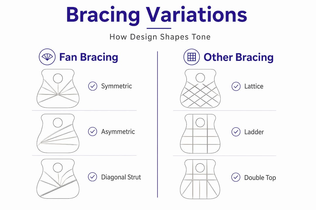 Split infographic comparing guitar bracing variations