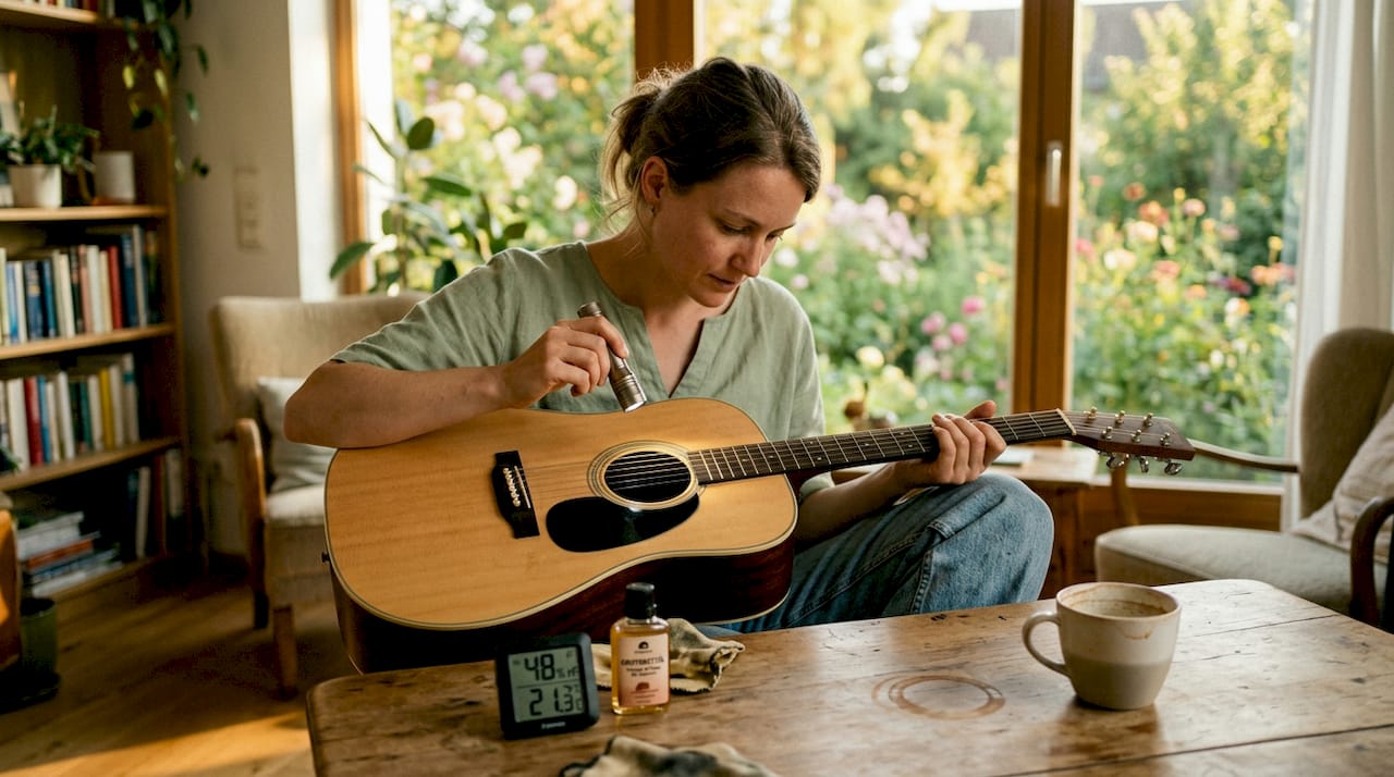 Zu Hause überprüft eine Frau mit einem Hygrometer die Luftfeuchtigkeit ihrer Gitarre.