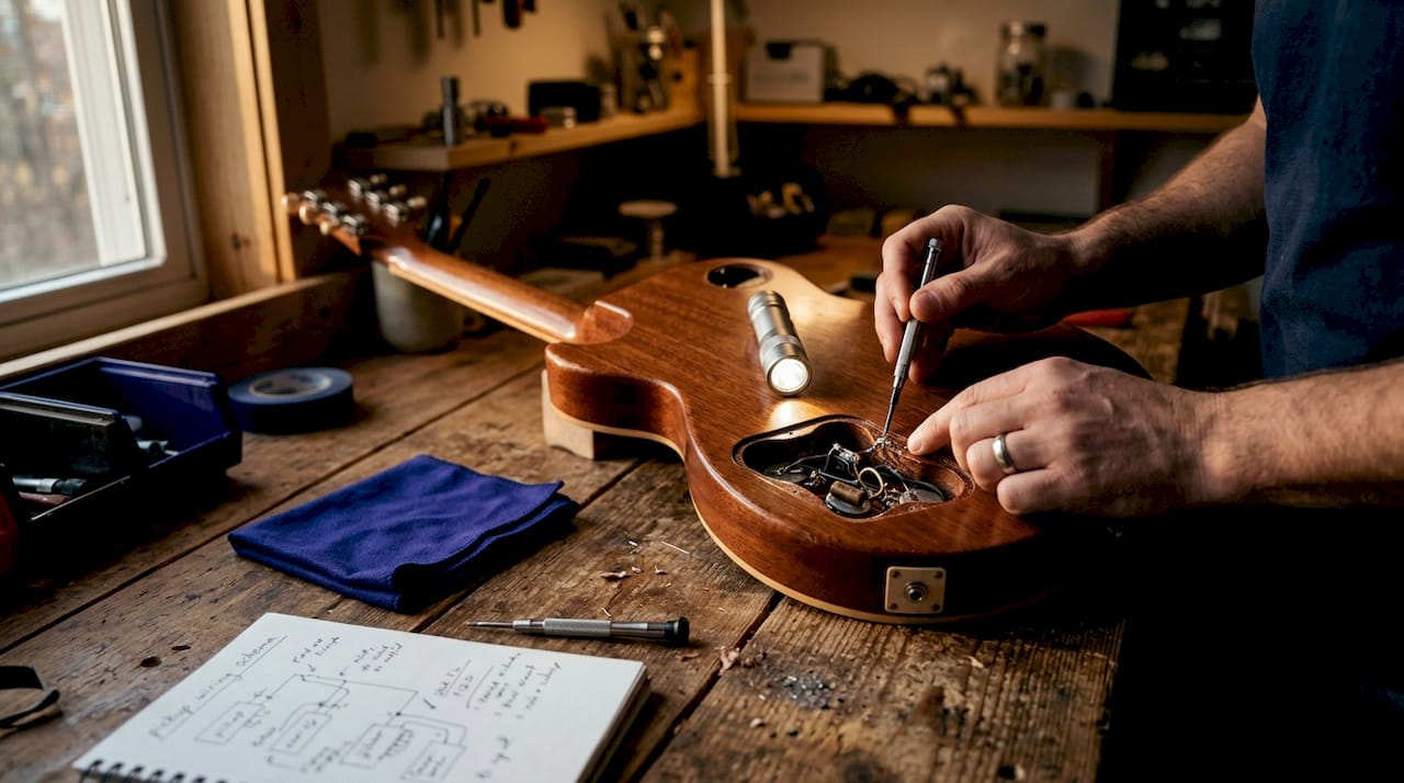 Inspecting electronics cavity of vintage guitar