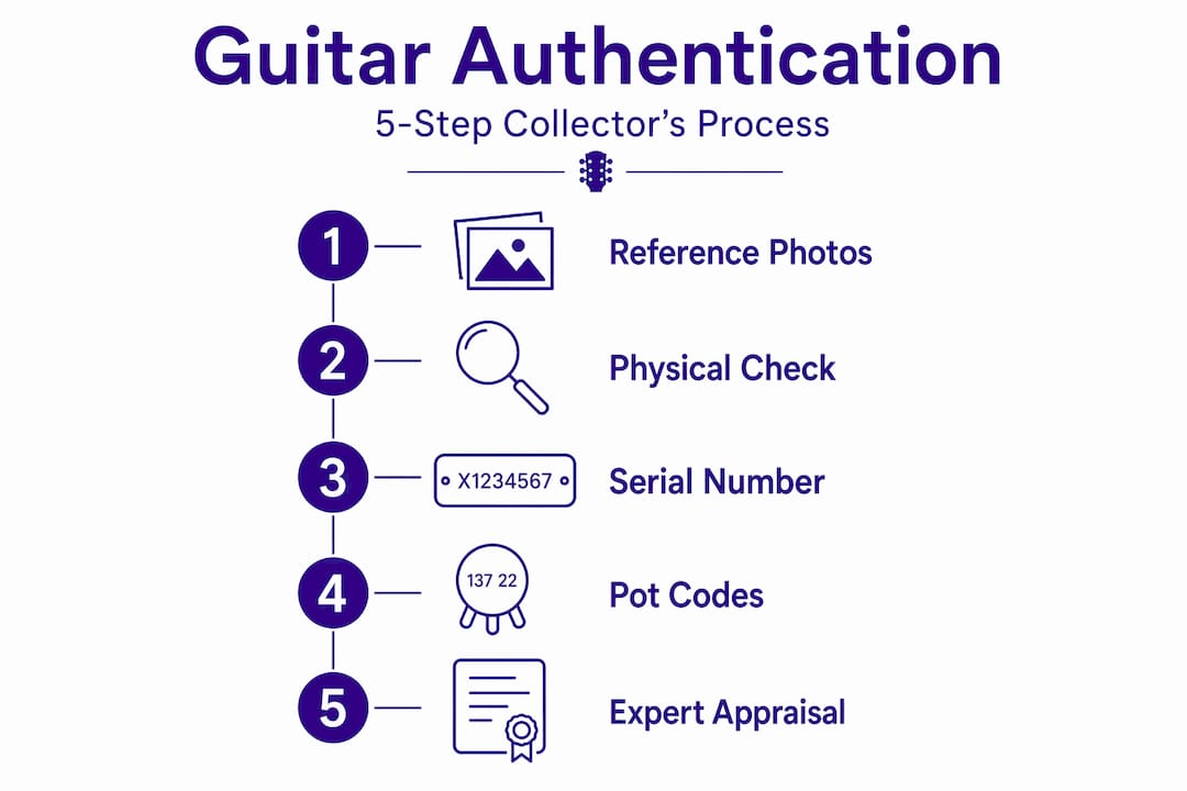 Infographic showing five steps to authenticate guitars