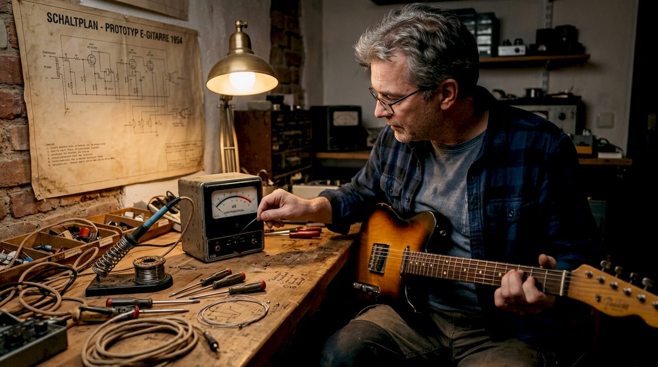 Ein Techniker probiert im Studio eine der ersten E-Gitarren aus.