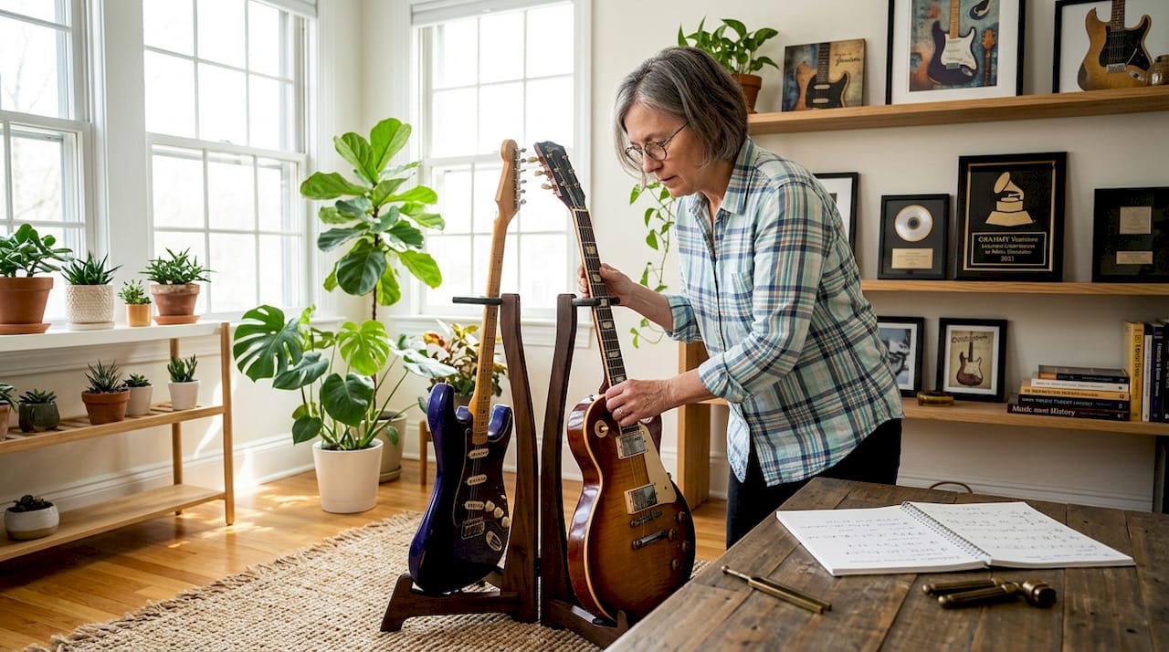 Collector arranges restored vintage guitars at home