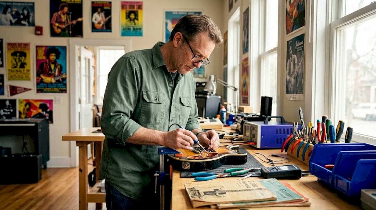 Guitar technician repairing electric guitar at bench