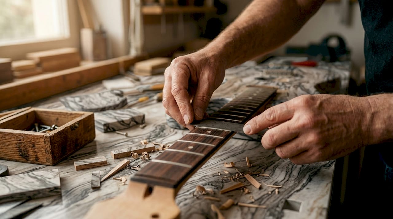 Nahaufnahmen vom Gitarrenhals und der Verarbeitung der Bünde