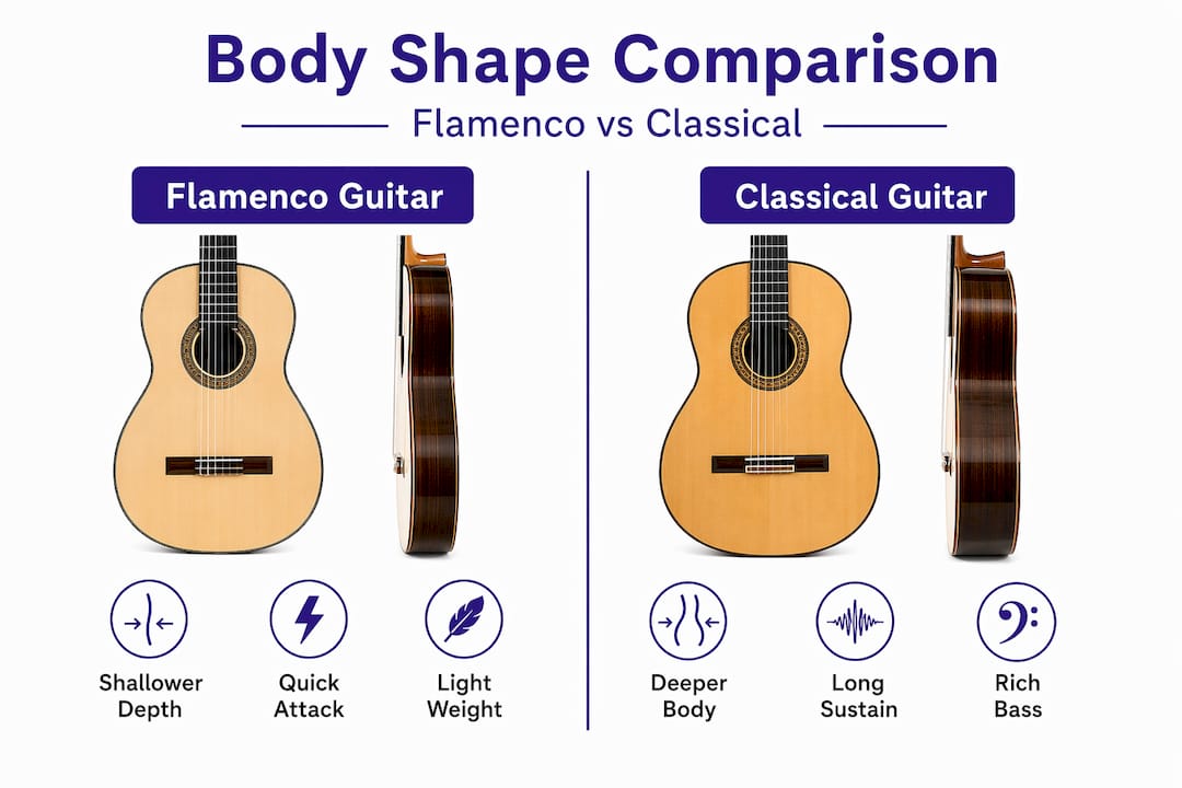 Infographic comparing flamenco and classical guitar bodies
