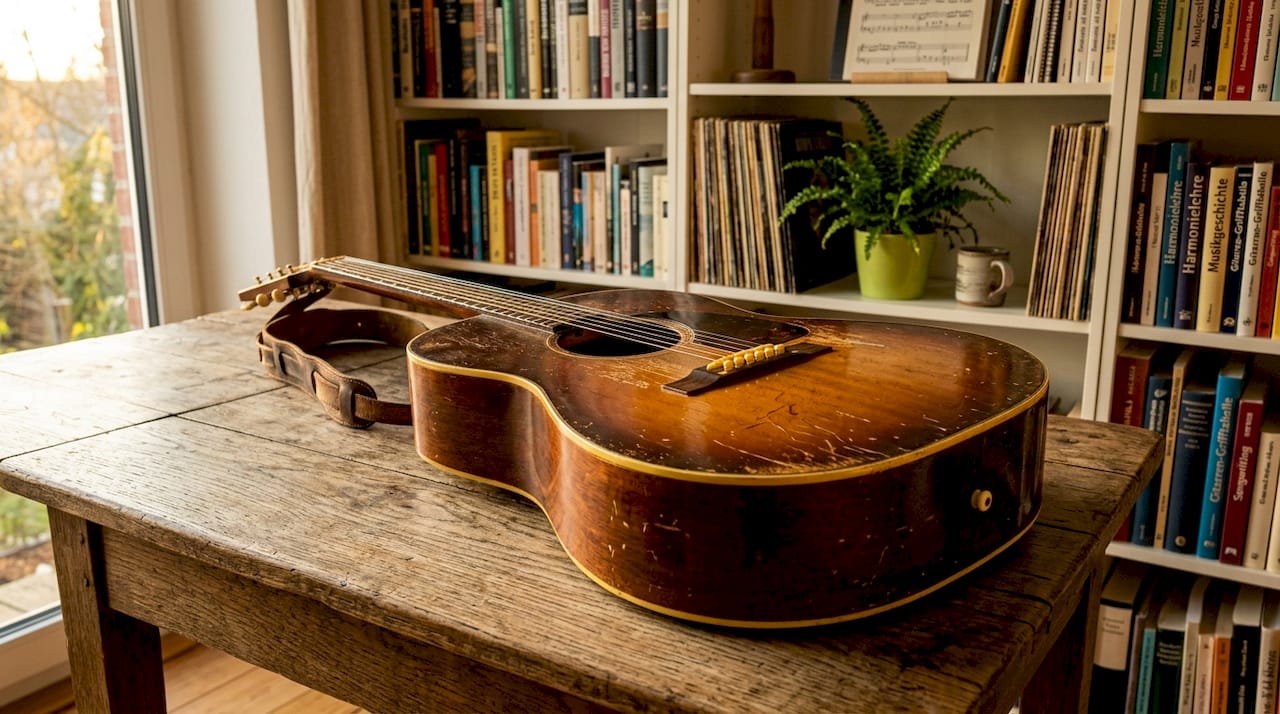 Charaktervolle Vintage-Akustikgitarre mit sichtbaren Gebrauchsspuren und liebevoll gealtertem Holz.