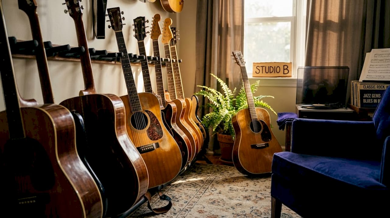 Guitars hanging in dramatic living room display