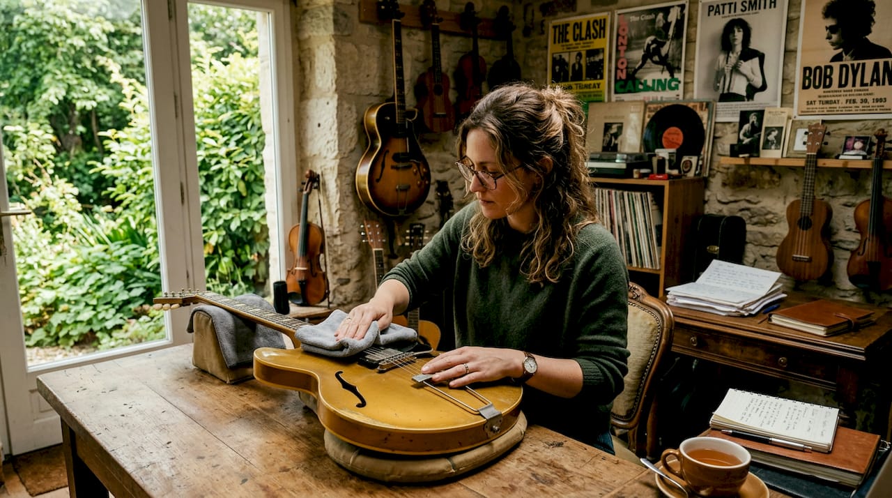 Im Wohnzimmer kümmert sich eine Sammlerin liebevoll um ihre Vintage-Gitarre.