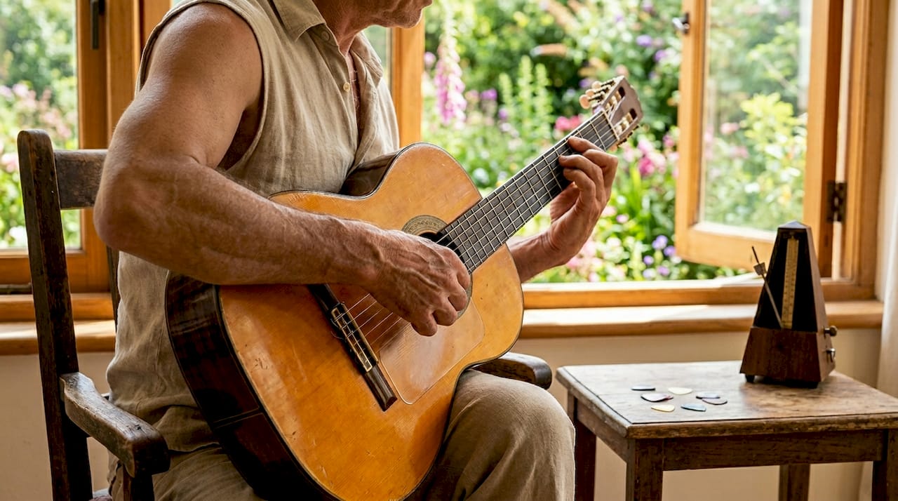 Nahaufnahme der Hände eines Flamenco-Gitarristen auf den Saiten