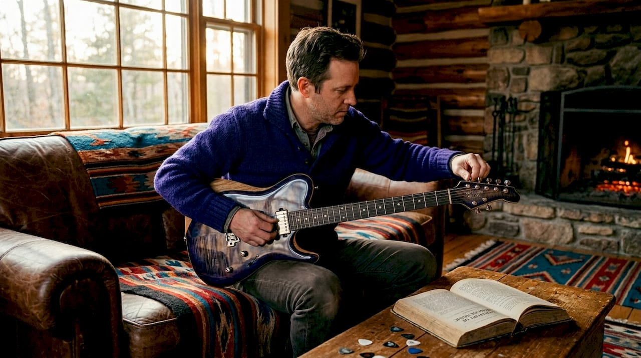 Man tuning rare limited edition guitar at home