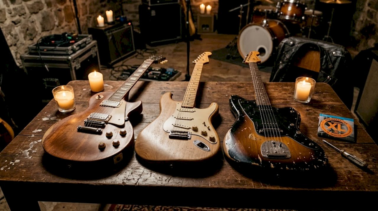 Drei E-Gitarren-Bodies, jeweils aus einer anderen Holzart gefertigt