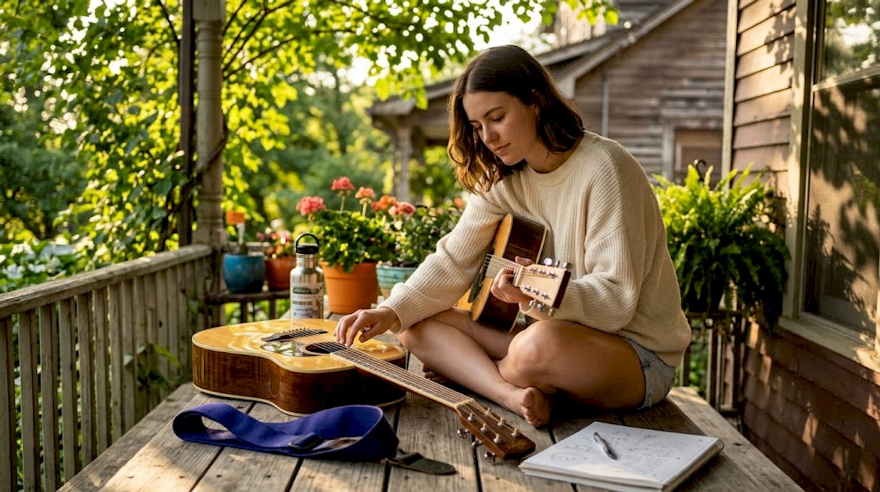 Guitarist comparing acoustic guitars in sunlit living room