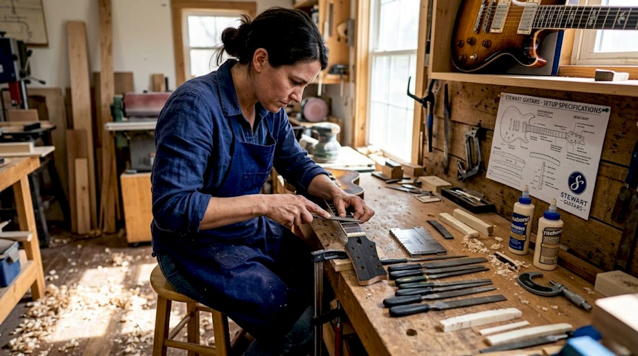 Luthier hand-filing guitar nut during construction