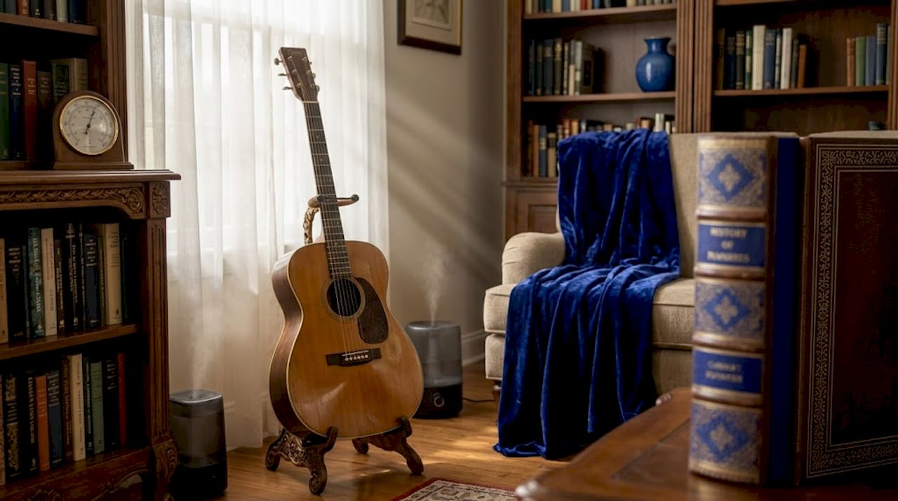 Acoustic guitar by humidifier in comfortable room