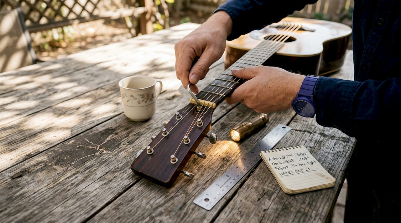 Hands adjusting truss rod on acoustic guitar