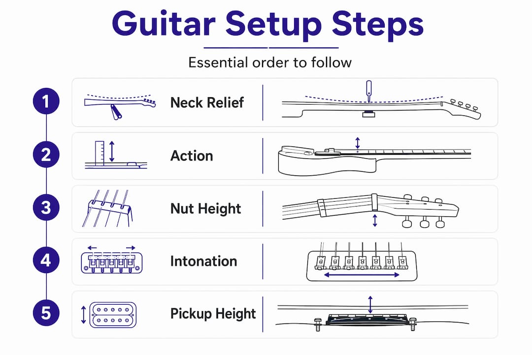 Vertical flow infographic of guitar setup steps