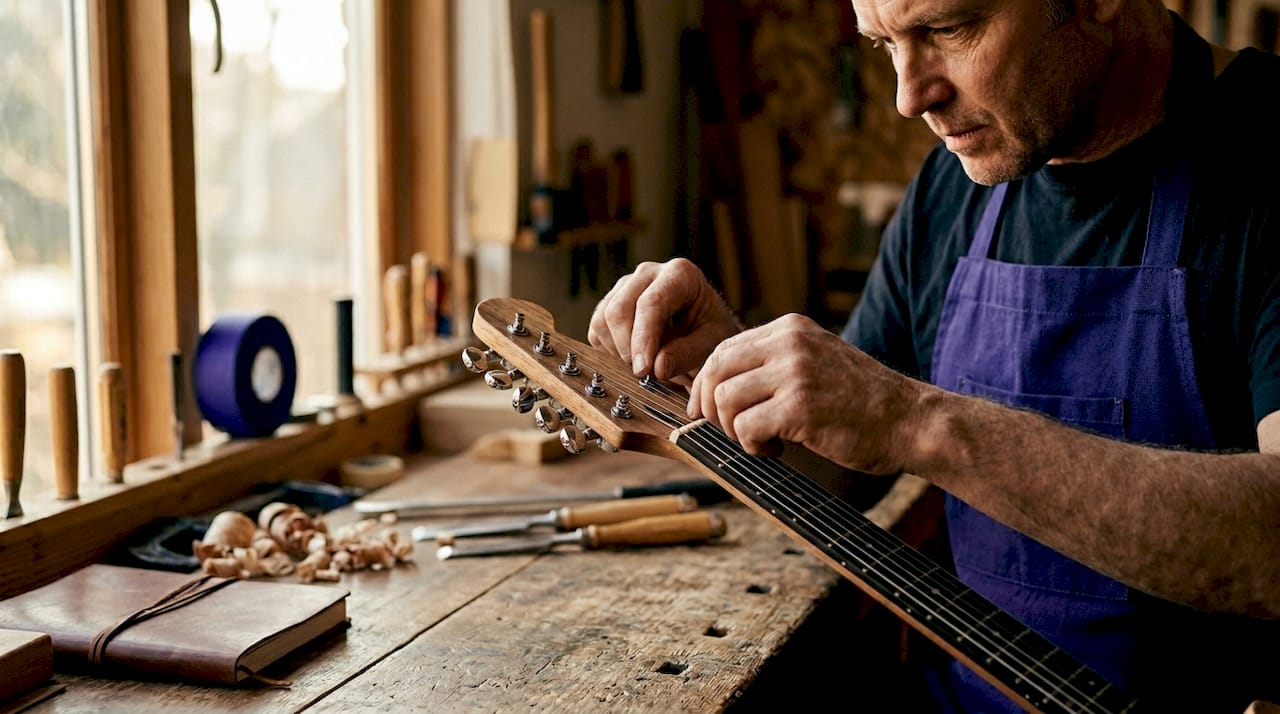 Master craftsman fine-tuning custom guitar setup