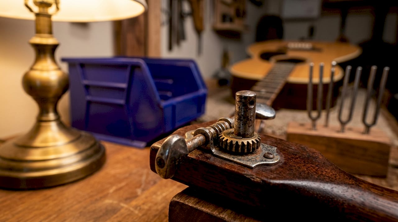 Macro view of vintage guitar open-gear tuner