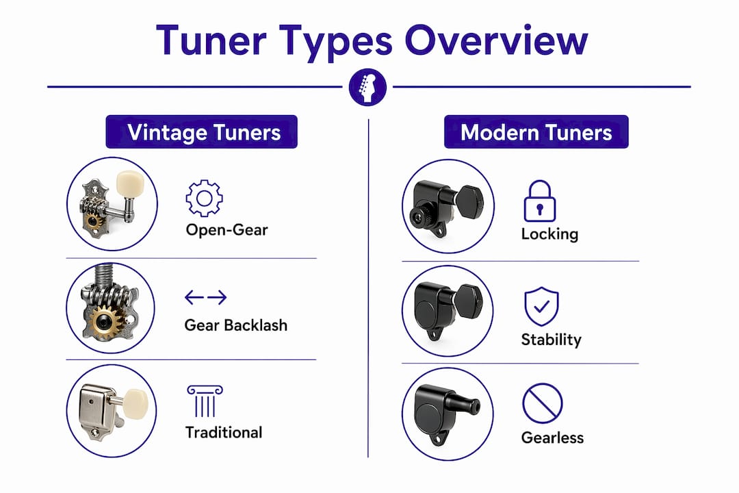 Infographic comparing vintage and modern guitar tuners