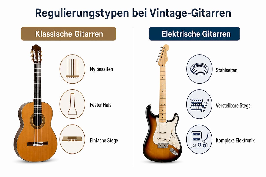 Übersicht der verschiedenen Einstellungsarten bei Vintage-Gitarren