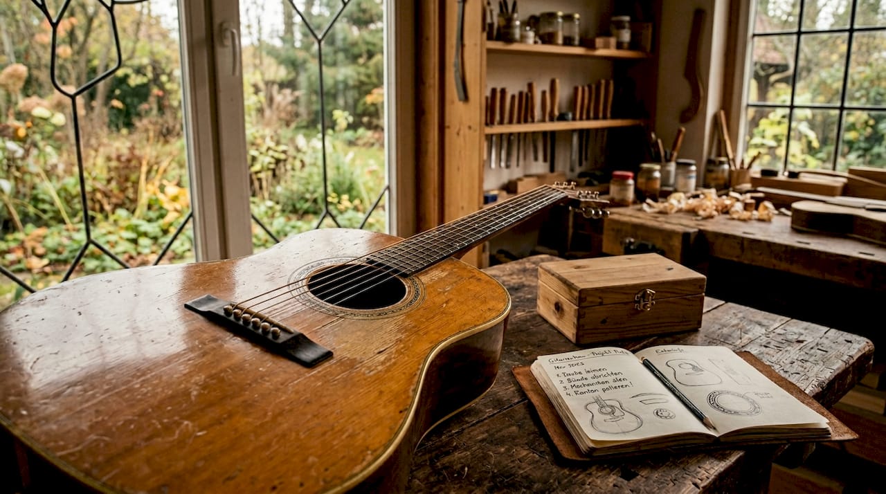 Detailaufnahme einer Vintage-Gitarre auf einem Tisch