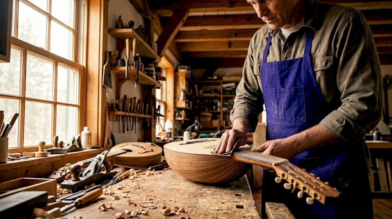 Hands crafting early guitar ancestor instrument