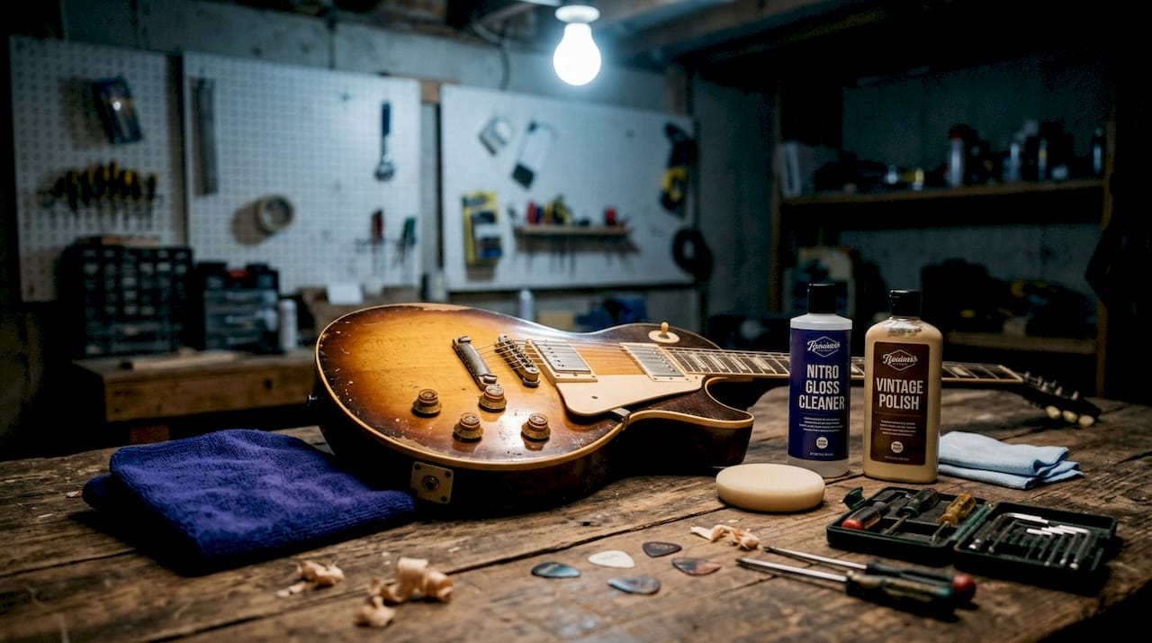 Vintage guitar with cleaning polish tools on workbench