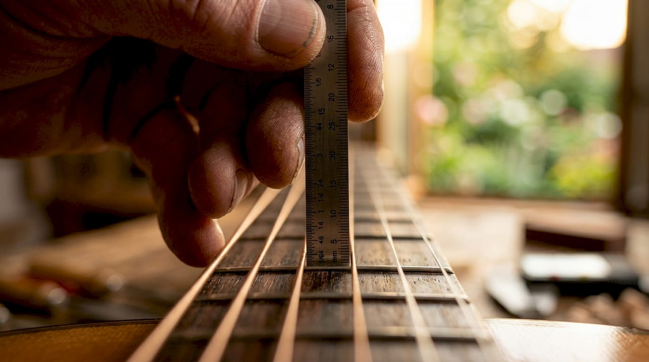 Mit den Händen wird die Saitenlage einer klassischen Gitarre überprüft.