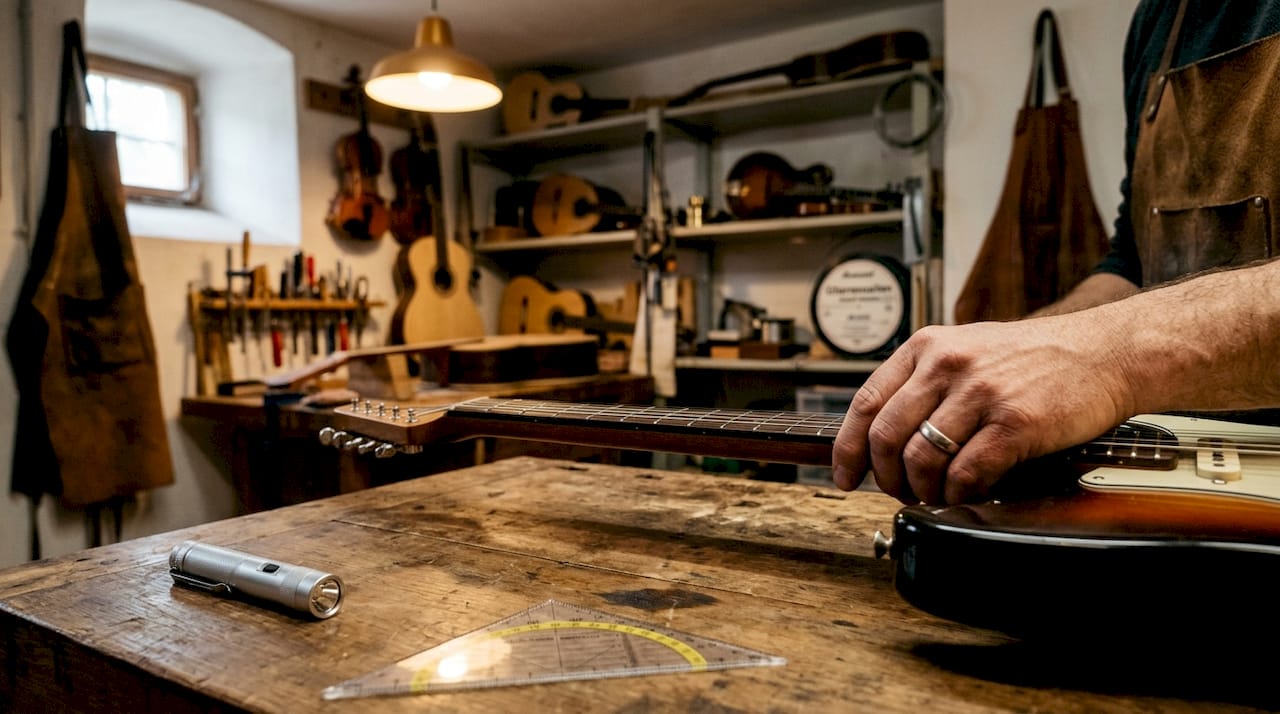 Mit den Fingern wird Hals und Griffbrett der Gitarre sorgfältig abgetastet.